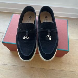 Loro Piana Black Flats with Metal Accent and White Sole